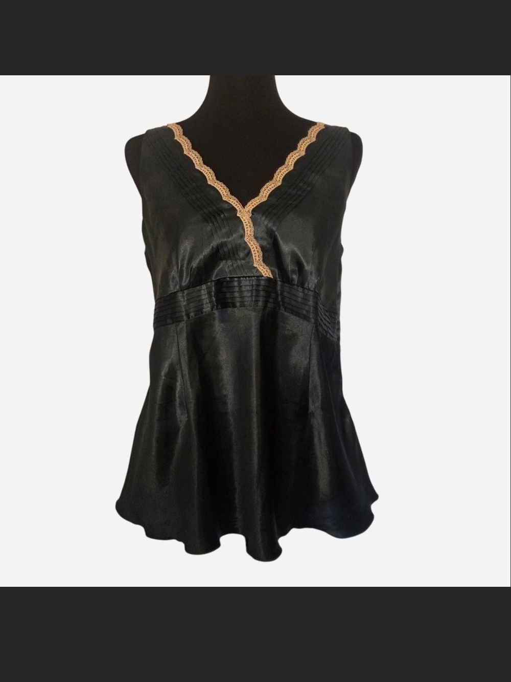 Black Satin V-Neck Tank with Lace Trim